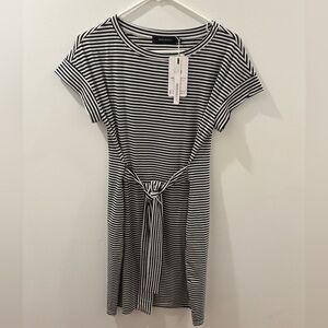Merokeety Black and White Striped Short Sleeve Tie Waist T-Shirt Dress: Medium